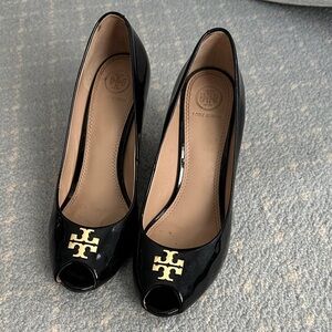Tory Burch Black Patent Peep-Toe Heels with Gold Logo Accent